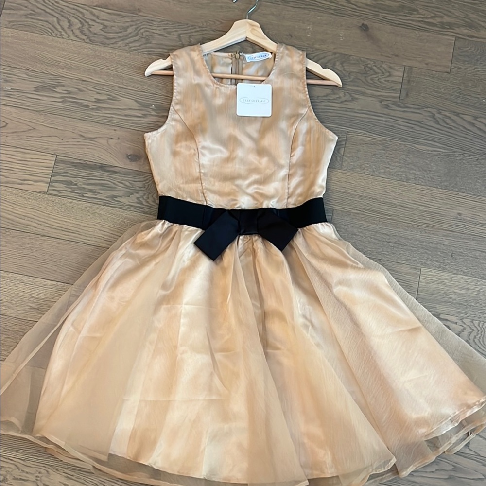 Chasing Fireflies Cream/Gold Dress with Black Bow